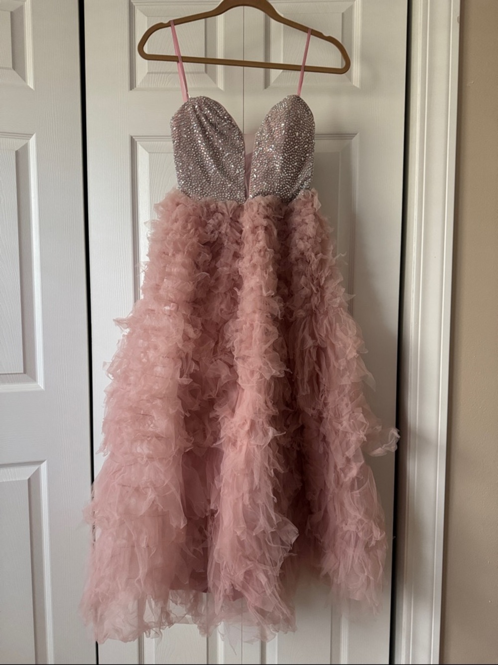 ROMWE Pink Strapless Ruffle Tulle Ball Gown with Sparkle Bodice